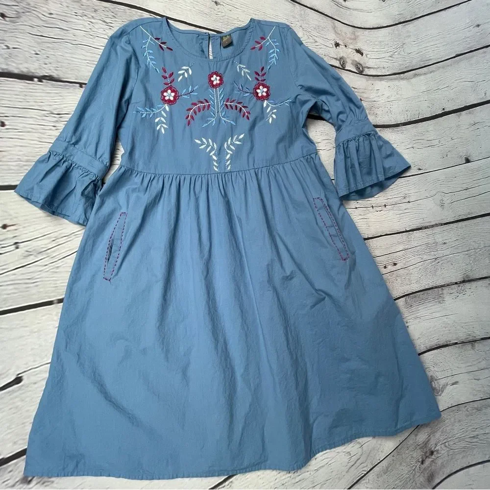 MYX Fusionwear blue boho embroidered cotton dress bell sleeves pockets, size L - Picture 9 of 14